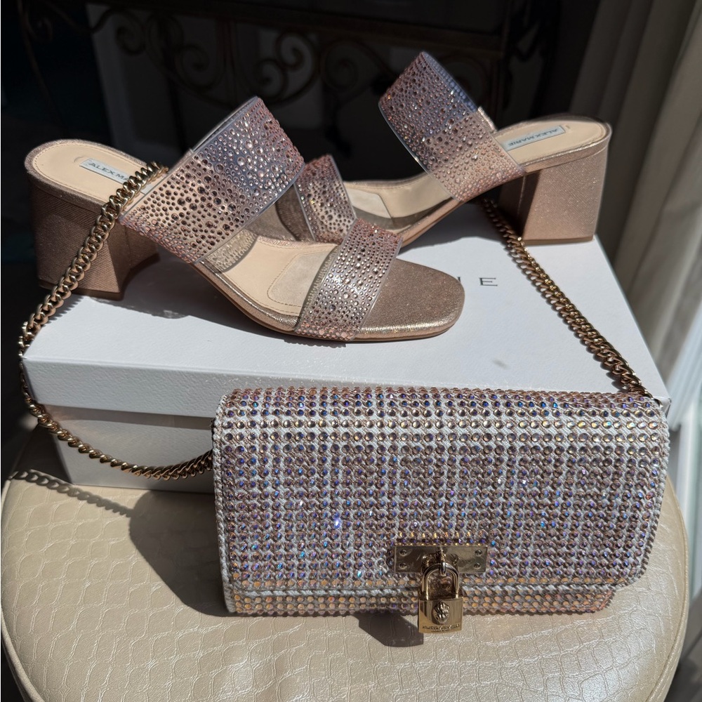 Alex Marie Rose Gold Crystal Block Heel Mules